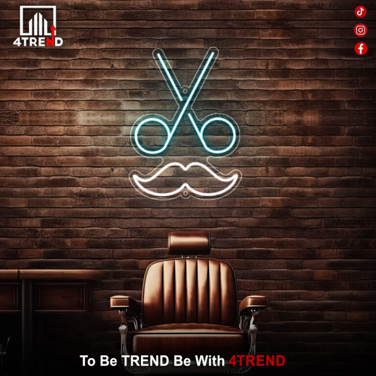 لافتة نيون "مقص وشنب" – ديكور صالون الحلاق