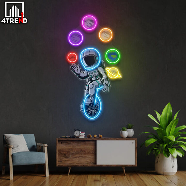 لافتة نيون "Astronaut Juggling Circus Galaxy Planets" - لوحة أكريليك