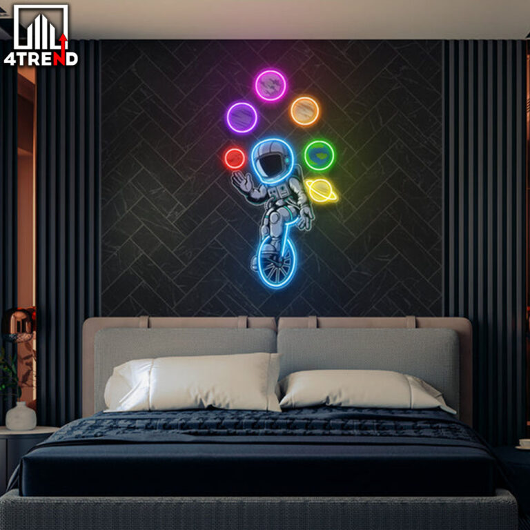 لافتة نيون "Astronaut Juggling Circus Galaxy Planets" - لوحة أكريليك